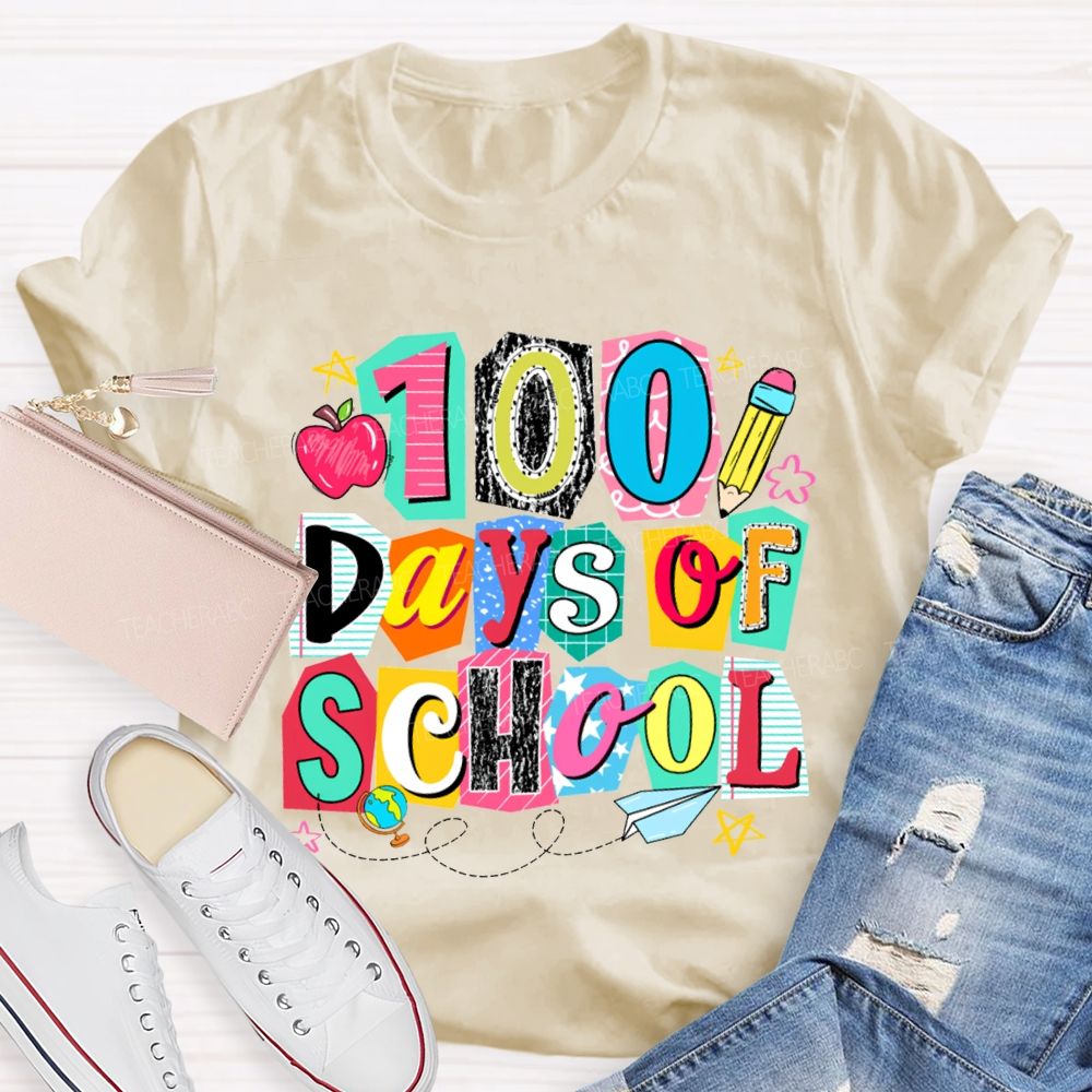 100 Days Of School Colored Block Font And Apple T-shirt