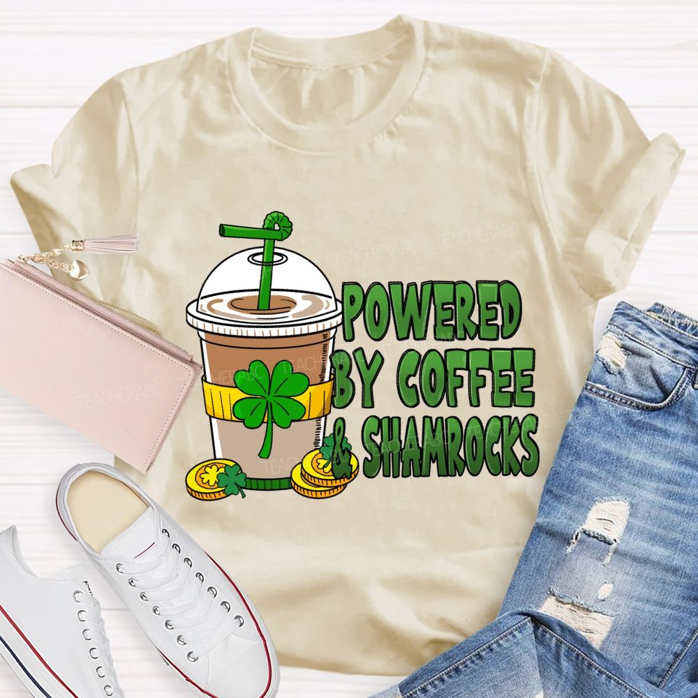 Powered By Coffee And Shamrock Teacher T-Shirt