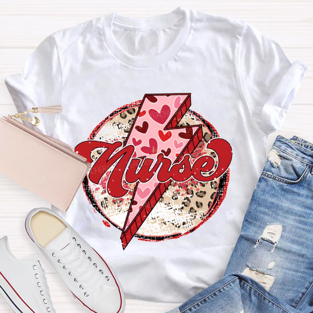 School Nurse Valentine'S Day With Heart, Lightning, And Leopard Print T-shirt