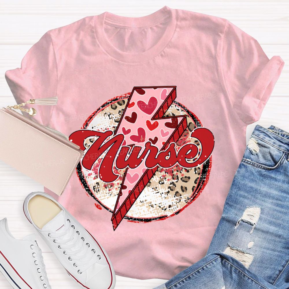 School Nurse Valentine'S Day With Heart, Lightning, And Leopard Print T-shirt