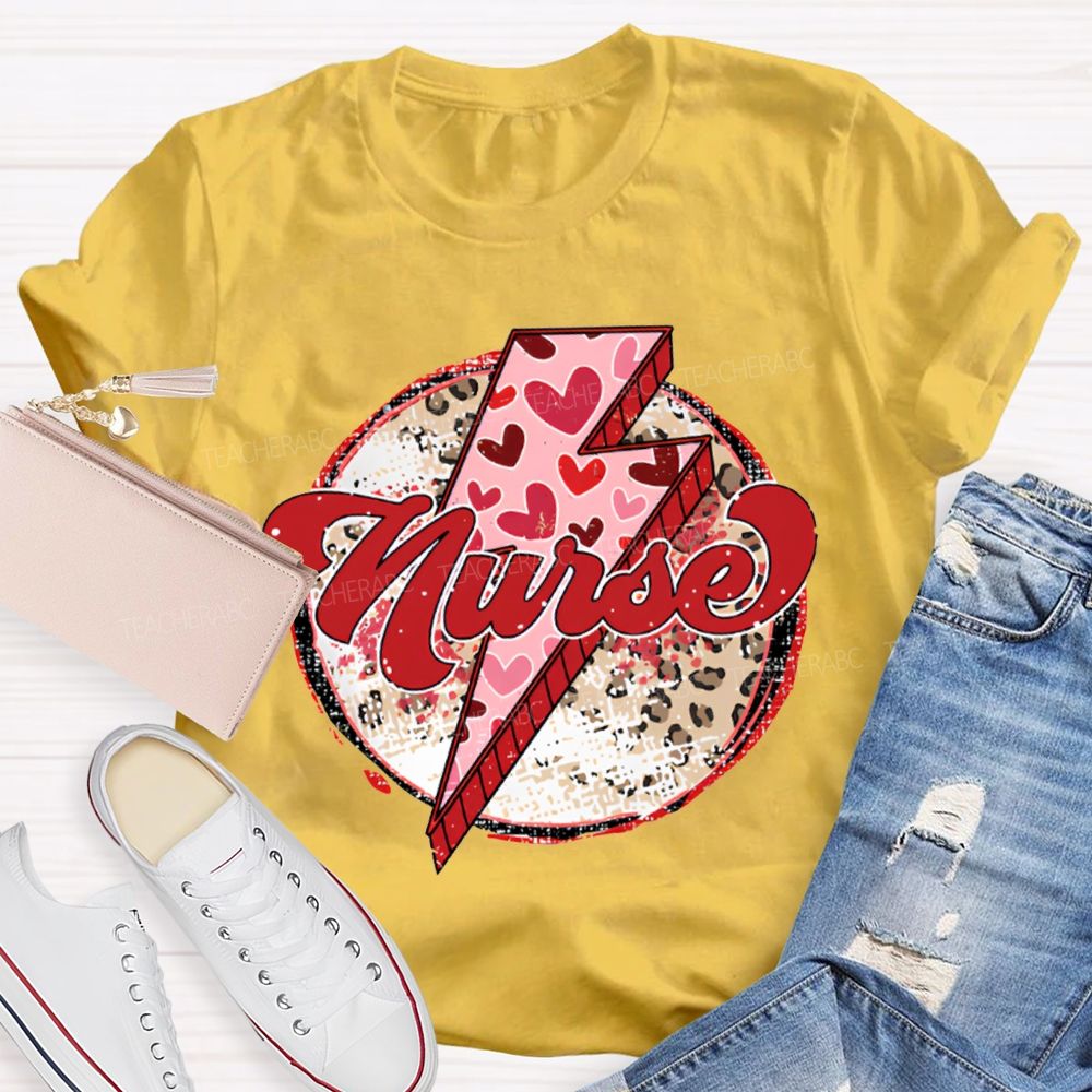 School Nurse Valentine'S Day With Heart, Lightning, And Leopard Print T-shirt