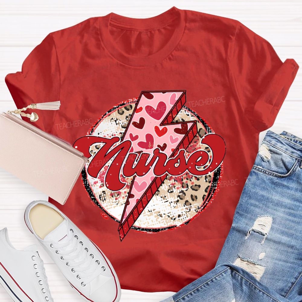 School Nurse Valentine'S Day With Heart, Lightning, And Leopard Print T-shirt