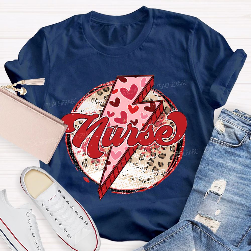 School Nurse Valentine'S Day With Heart, Lightning, And Leopard Print T-shirt
