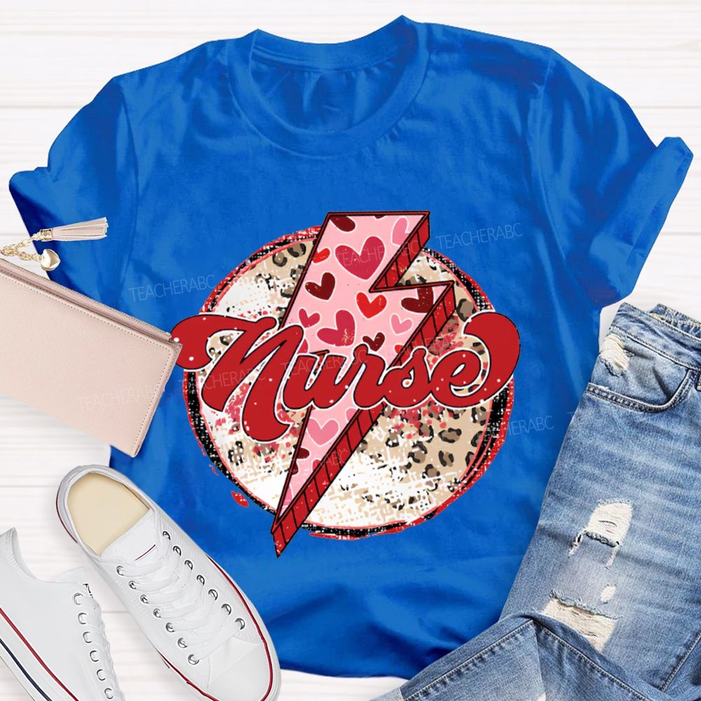 School Nurse Valentine'S Day With Heart, Lightning, And Leopard Print T-shirt