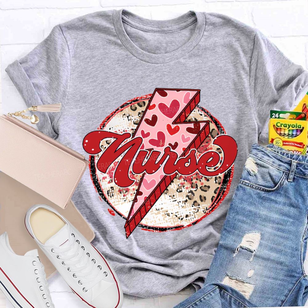 School Nurse Valentine'S Day With Heart, Lightning, And Leopard Print T-shirt