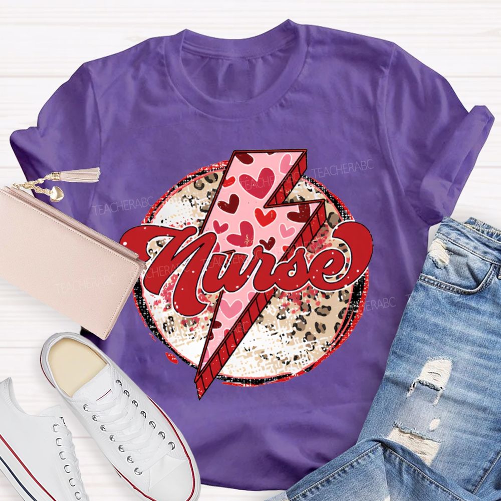 School Nurse Valentine'S Day With Heart, Lightning, And Leopard Print T-shirt
