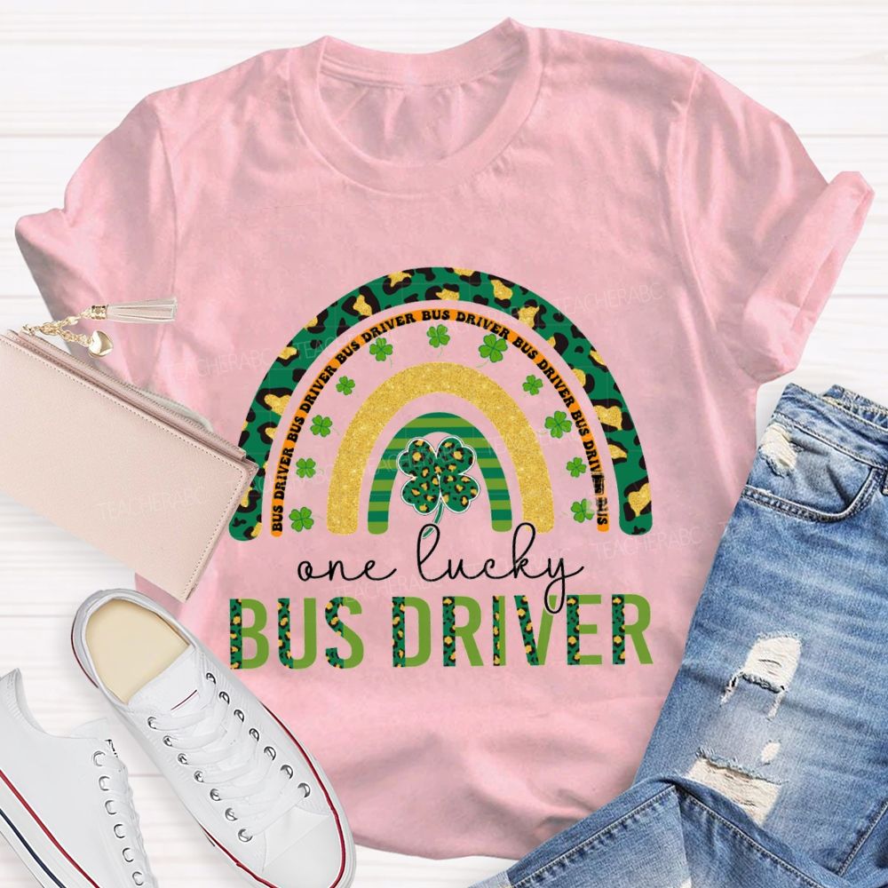 Four-Leaf Clover And Leopard Print Font Lucky Bus Driver T-Shirt