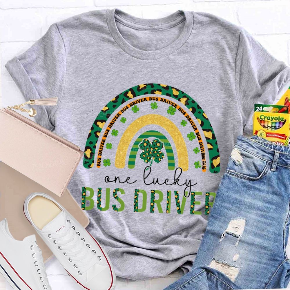 Four-Leaf Clover And Leopard Print Font Lucky Bus Driver T-Shirt