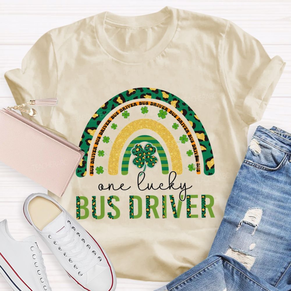 Four-Leaf Clover And Leopard Print Font Lucky Bus Driver T-Shirt