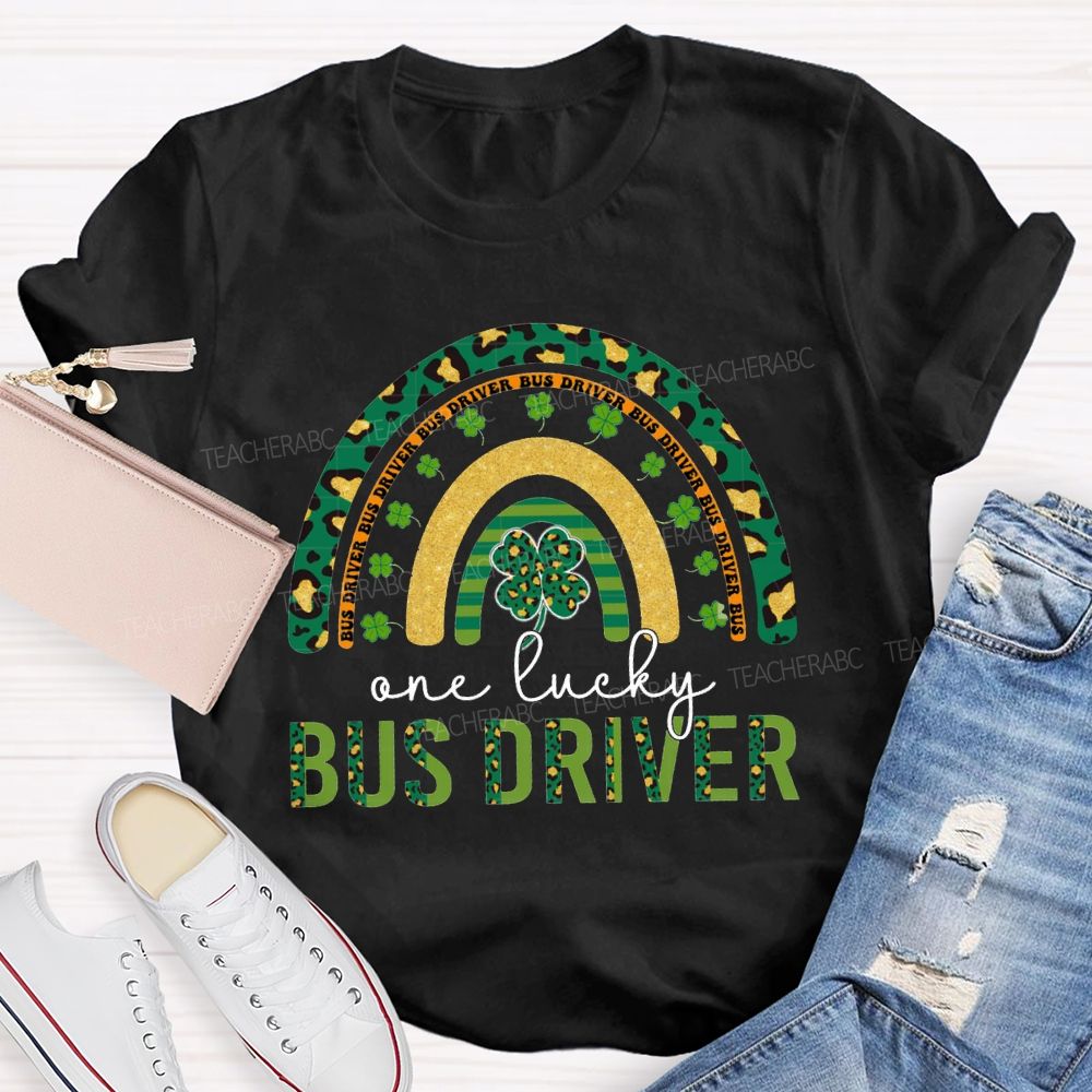 Four-Leaf Clover And Leopard Print Font Lucky Bus Driver T-Shirt