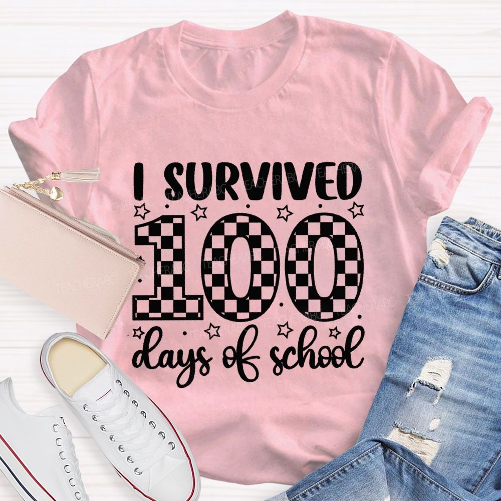 I Survived 100 Days Of School Checkerboard Pattern Teacher T-shirt
