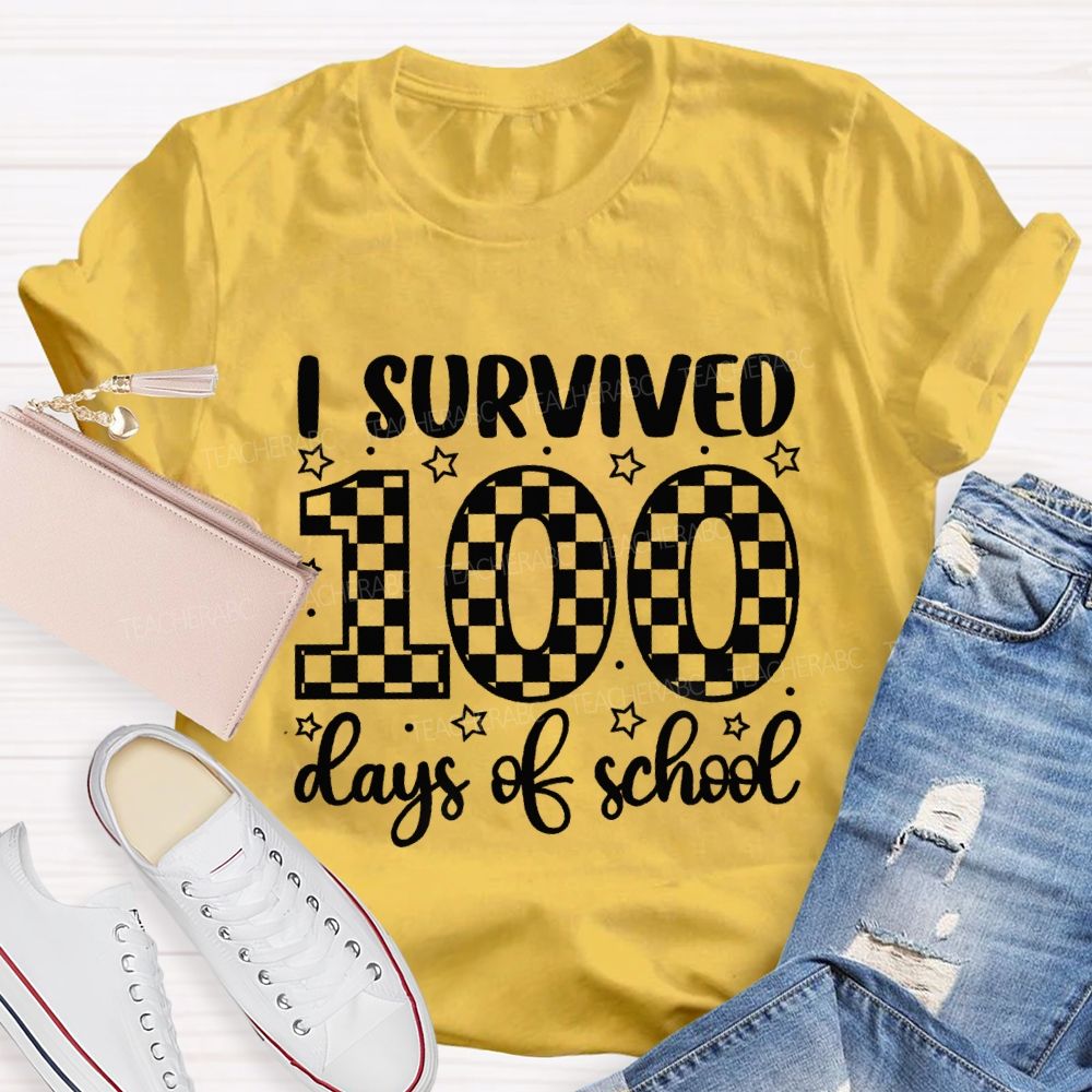 I Survived 100 Days Of School Checkerboard Pattern Teacher T-shirt