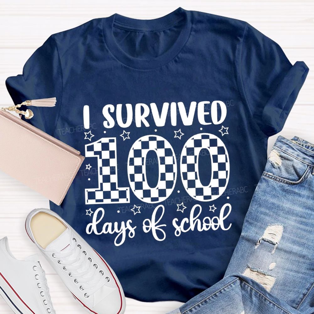 I Survived 100 Days Of School Checkerboard Pattern Teacher T-shirt