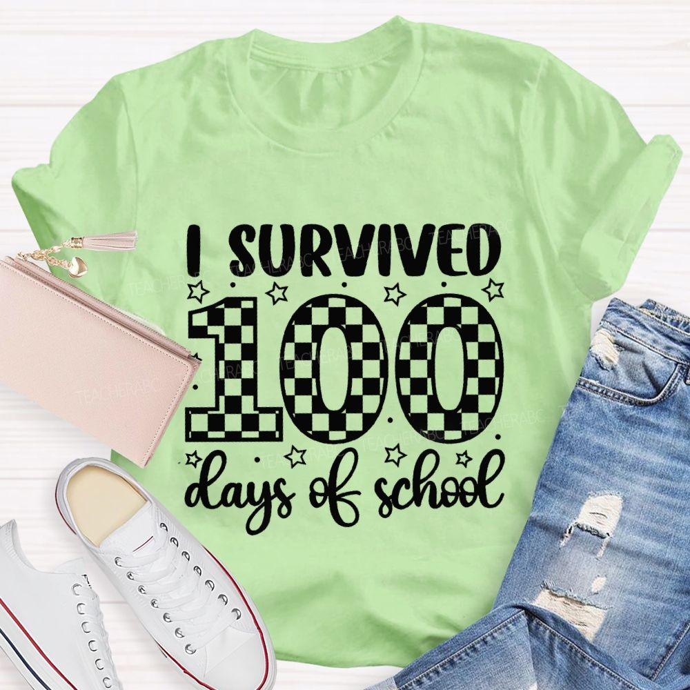 I Survived 100 Days Of School Checkerboard Pattern Teacher T-shirt