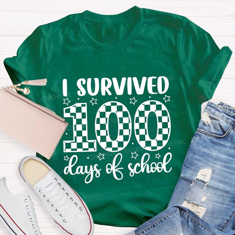 I Survived 100 Days Of School Checkerboard Pattern Teacher T-shirt