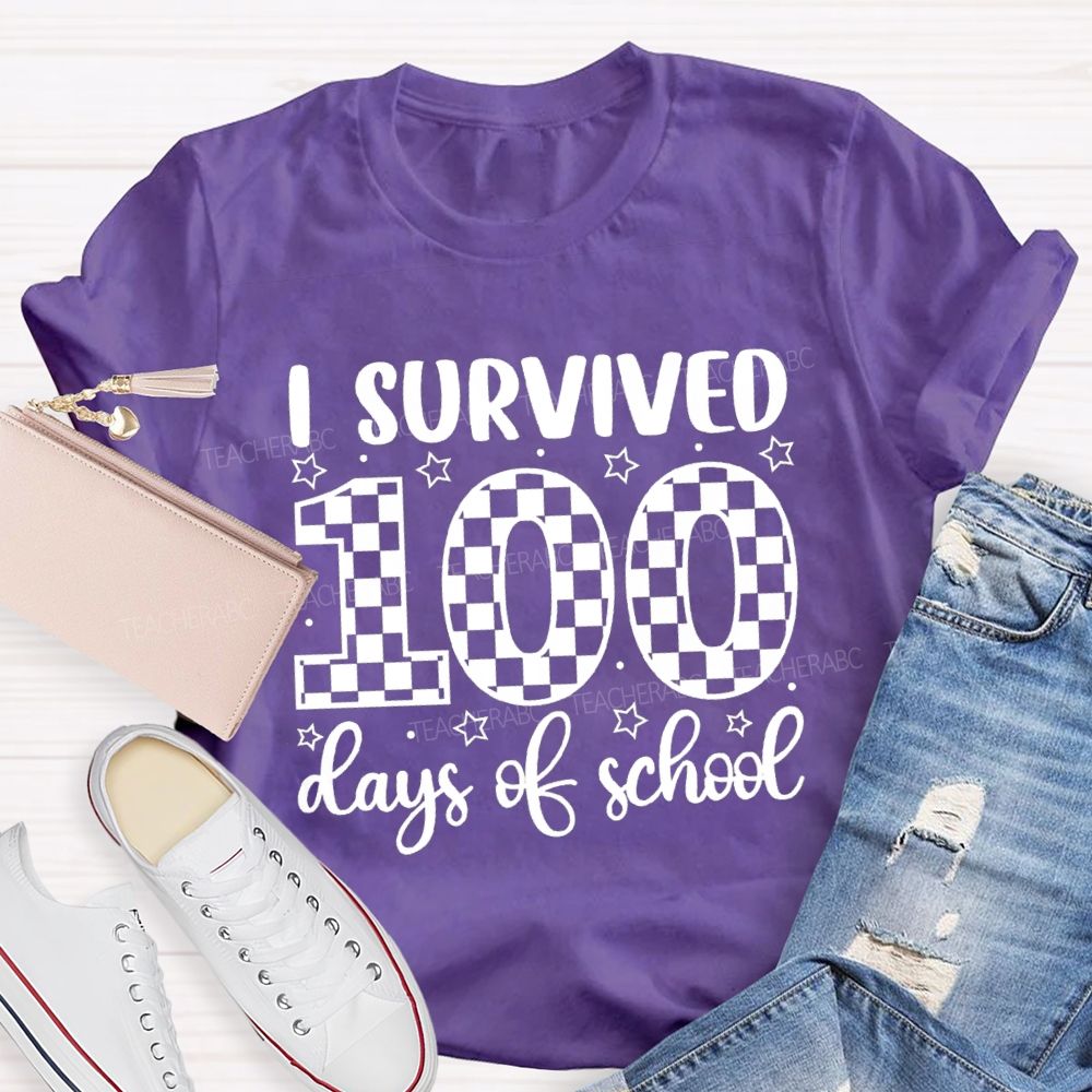 I Survived 100 Days Of School Checkerboard Pattern Teacher T-shirt