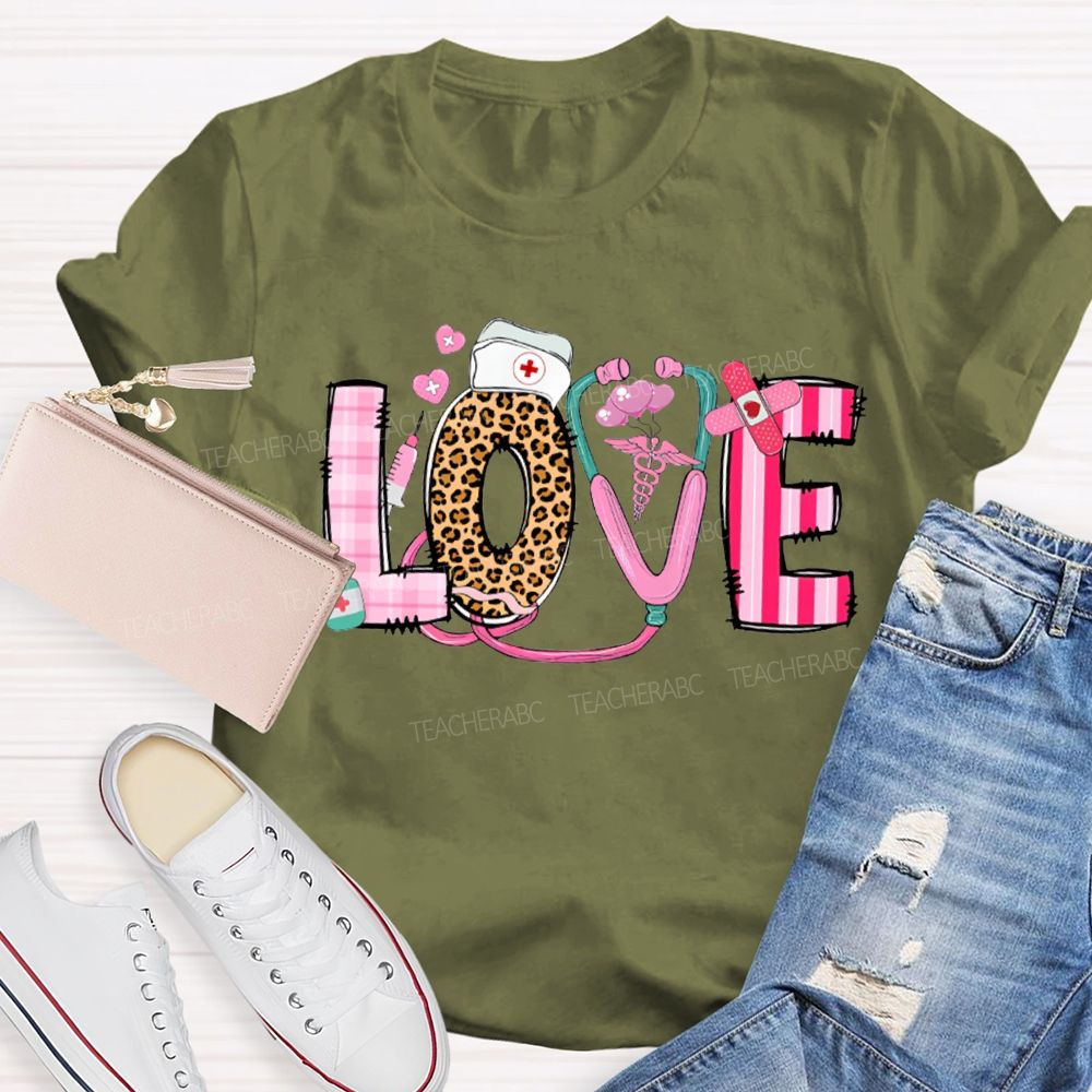 Love School Nurse Leopard Print Font And Pink Hearts T-shirt