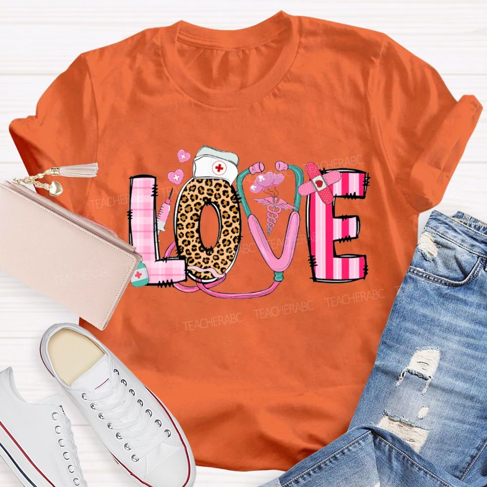 Love School Nurse Leopard Print Font And Pink Hearts T-shirt