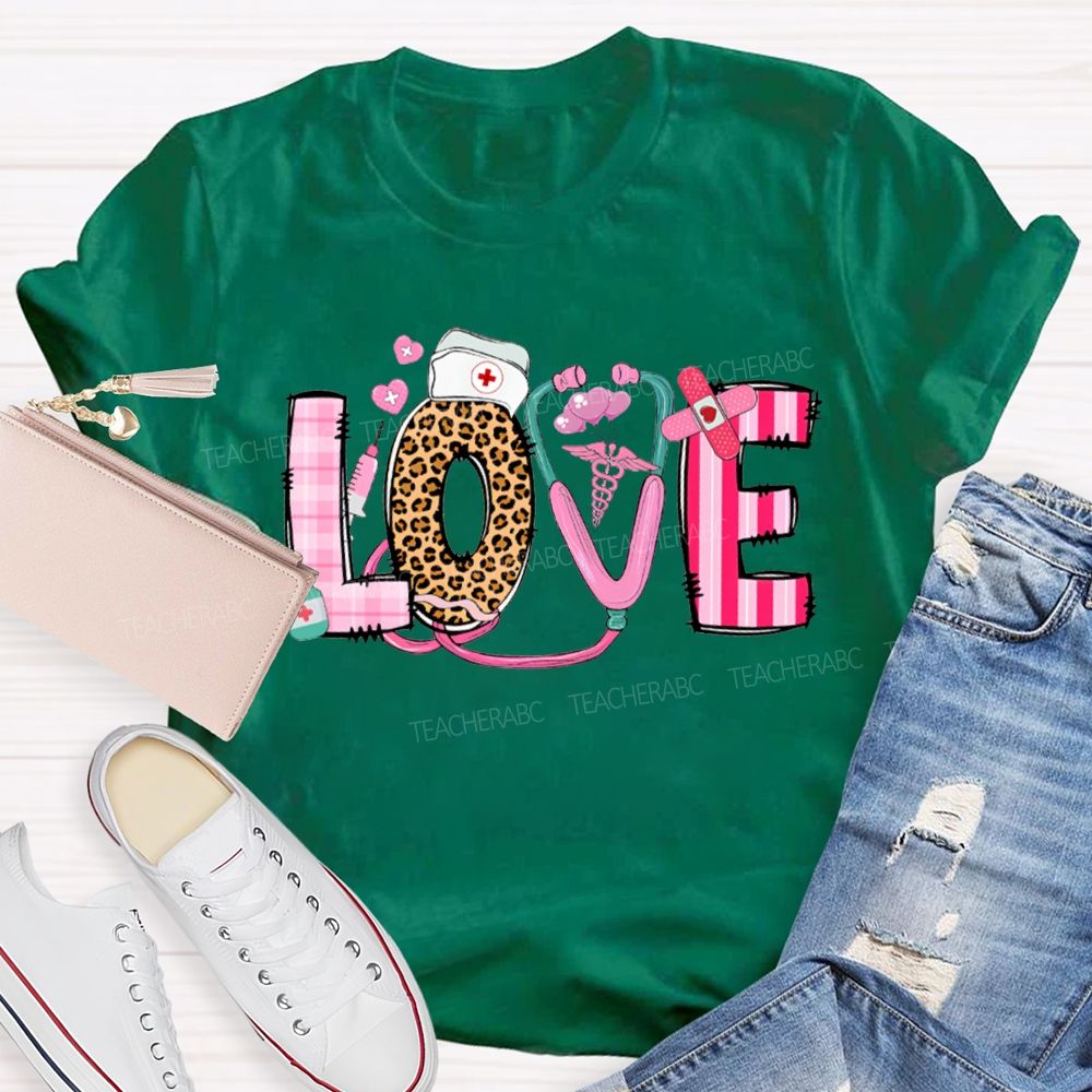 Love School Nurse Leopard Print Font And Pink Hearts T-shirt