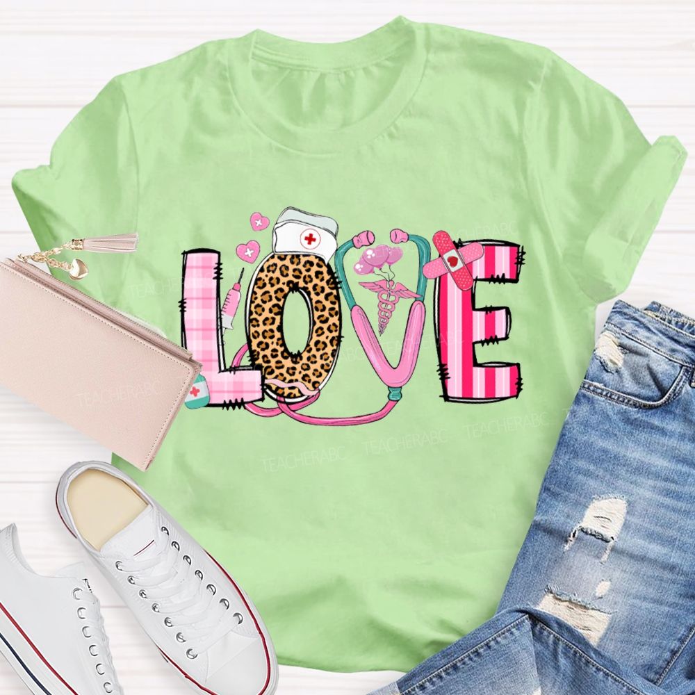 Love School Nurse Leopard Print Font And Pink Hearts T-shirt