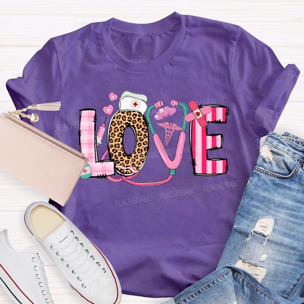 Love School Nurse Leopard Print Font And Pink Hearts T-shirt