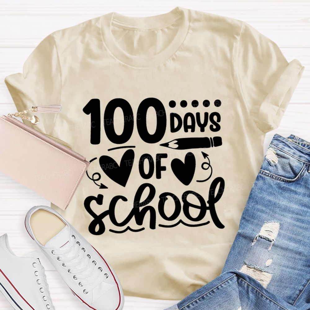 100 Days Of School Heart Pencil Teacher T-Shirt