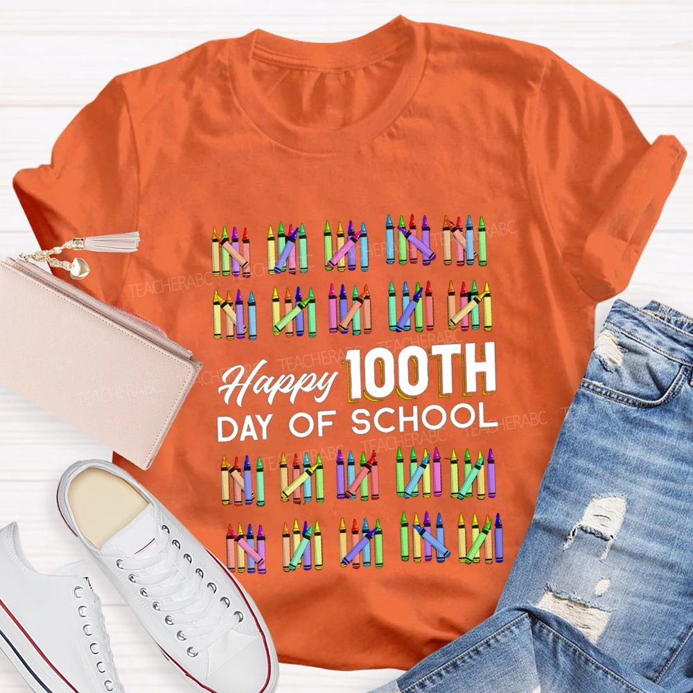 Happy 100th Day Of School Colorful Crayons Teacher T-Shirt