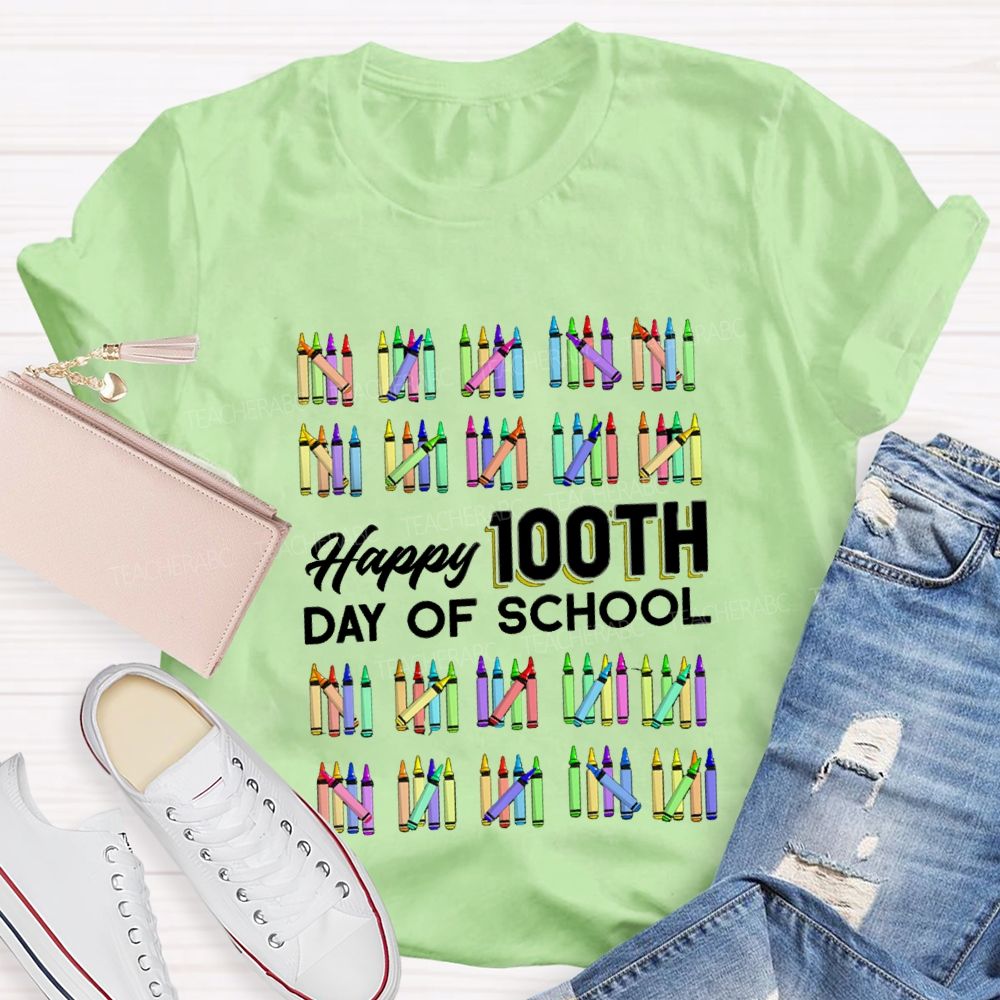 Happy 100th Day Of School Colorful Crayons Teacher T-Shirt