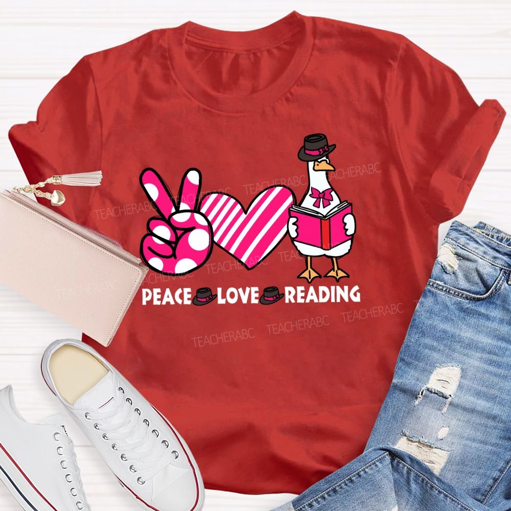 Peace Love Reading Pink Heart Teacher T-shirt