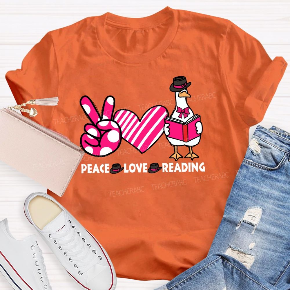 Peace Love Reading Pink Heart Teacher T-shirt