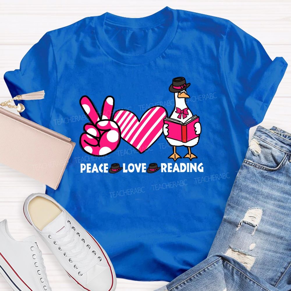 Peace Love Reading Pink Heart Teacher T-shirt