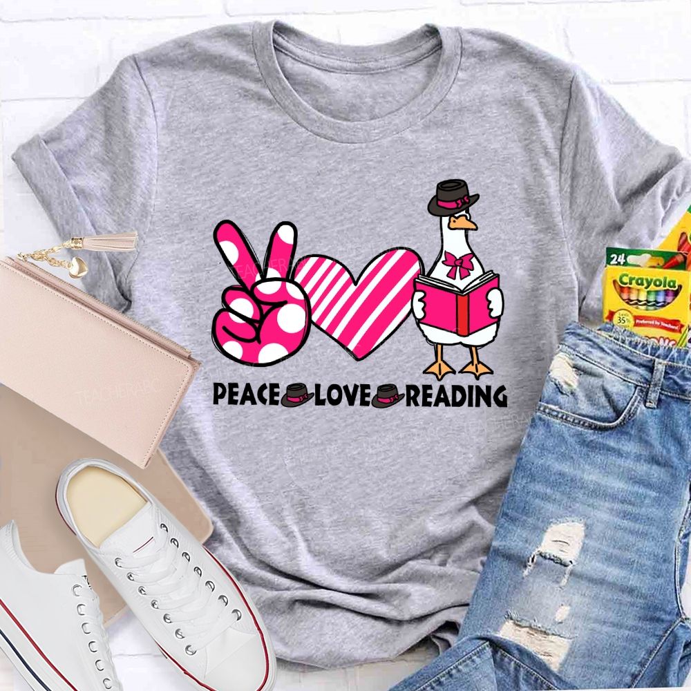 Peace Love Reading Pink Heart Teacher T-shirt