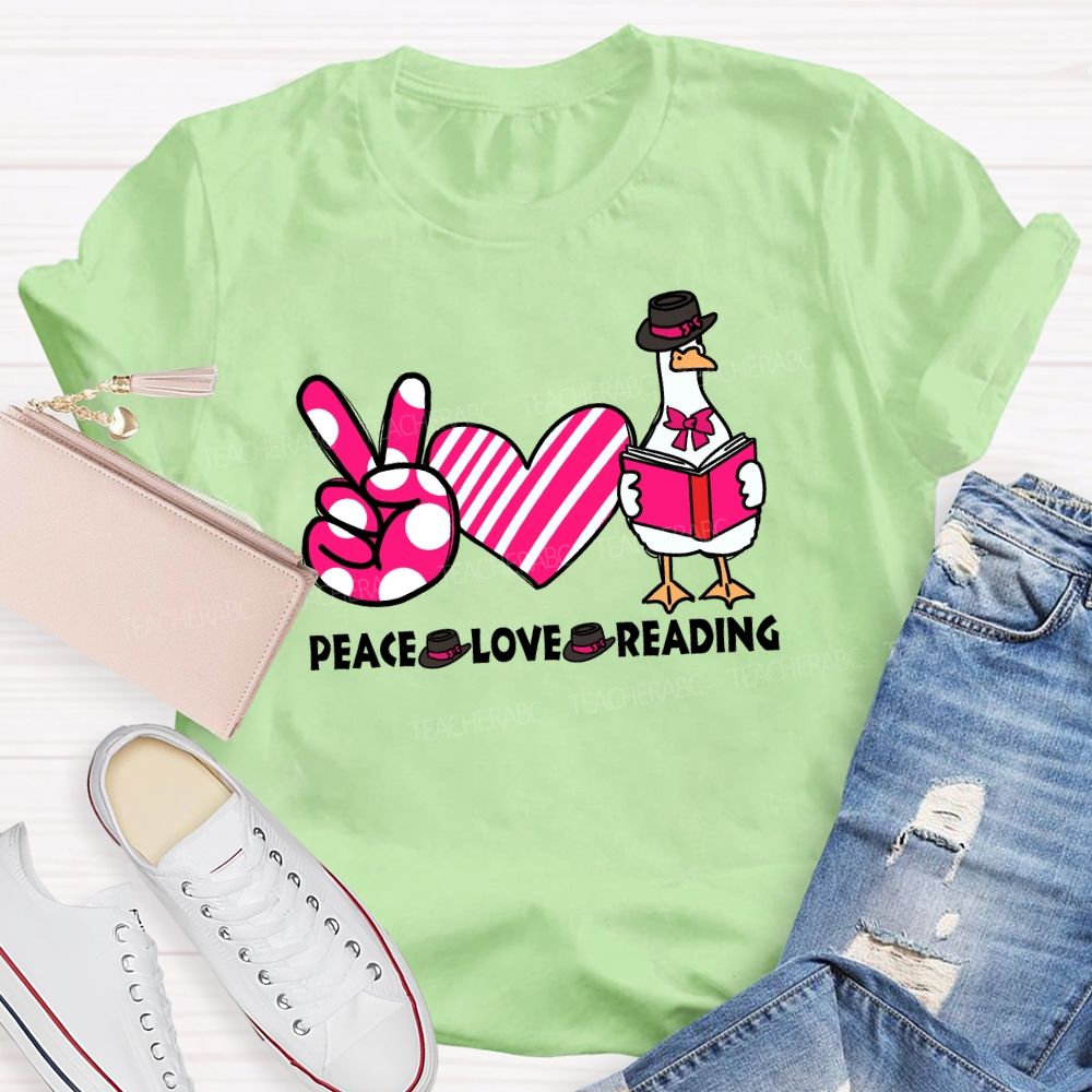 Peace Love Reading Pink Heart Teacher T-shirt