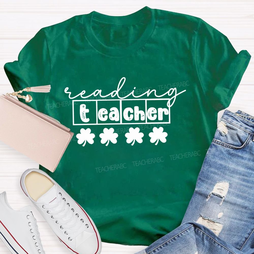 Reading Teacher With Lucky Clover Teacher T-shirt