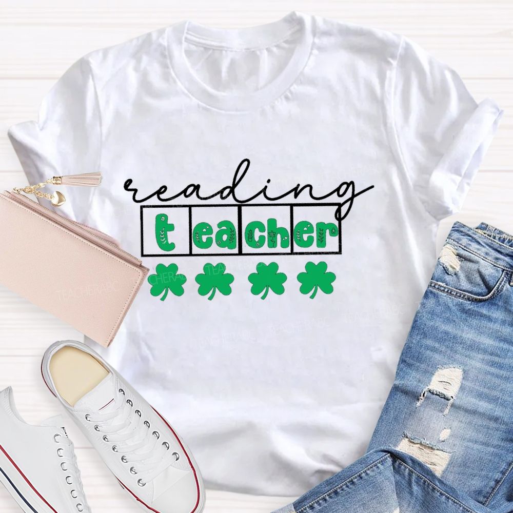 Reading Teacher With Lucky Clover Teacher T-shirt