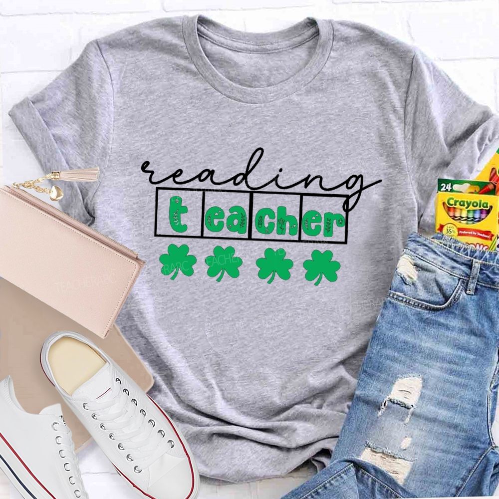 Reading Teacher With Lucky Clover Teacher T-shirt