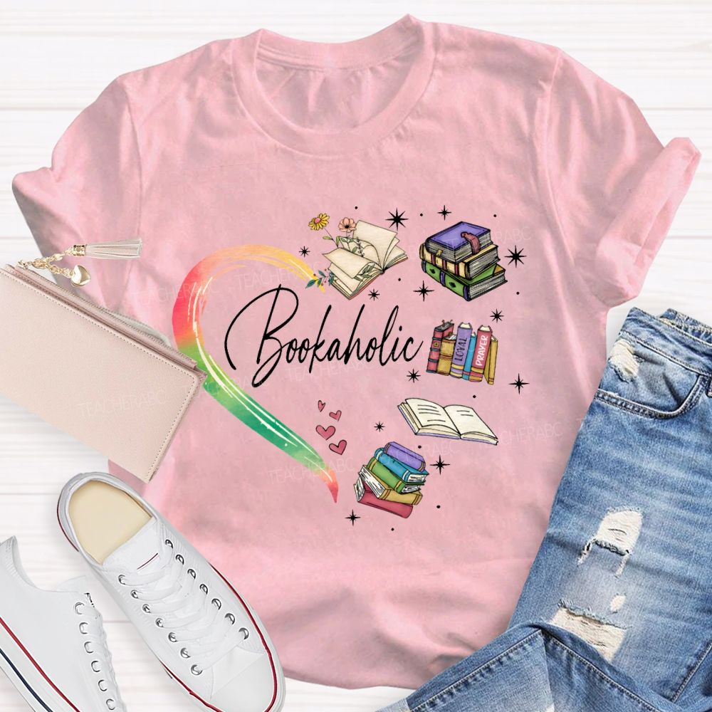 Bookaholic Heart-Shaped Book Print Teacher T-shirt