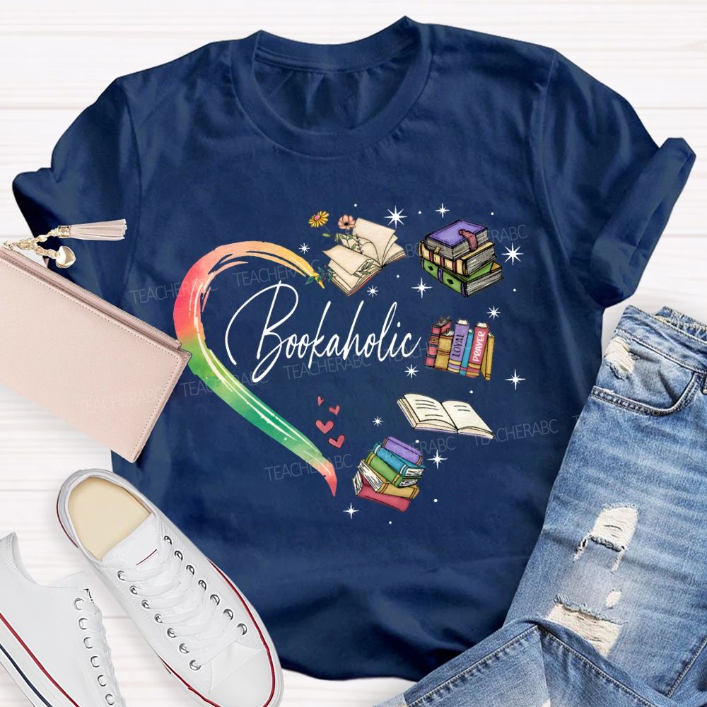 Bookaholic Heart-Shaped Book Print Teacher T-shirt