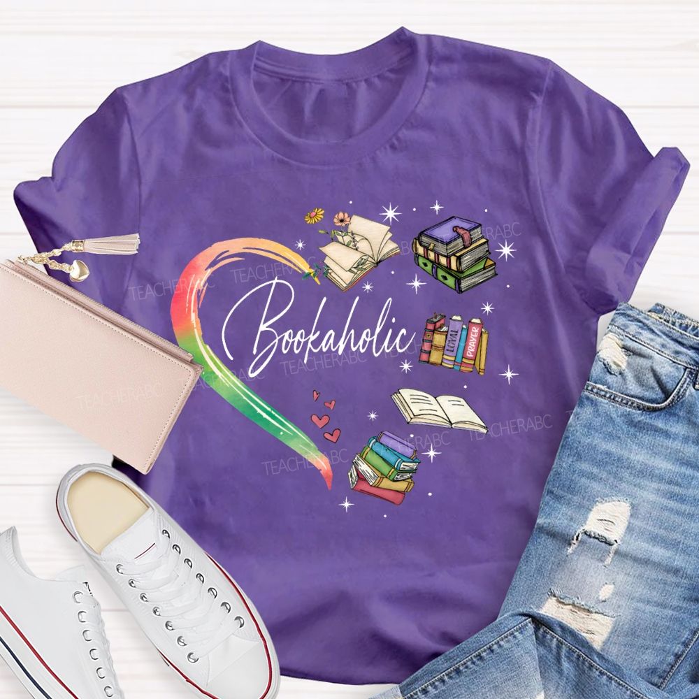 Bookaholic Heart-Shaped Book Print Teacher T-shirt