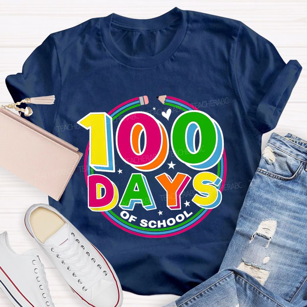 100 Days Of School Colorful Letter Pencil Teacher T-shirt