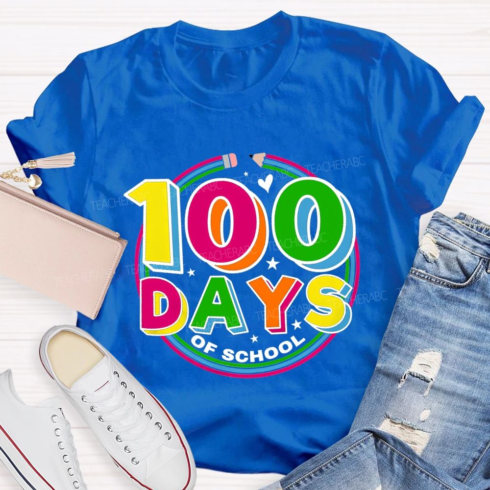 100 Days Of School Colorful Letter Pencil Teacher T-shirt