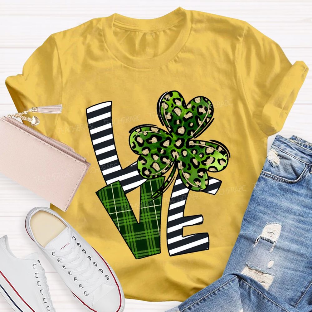 Love Leopard Clover And Striped Fonts Teacher T-shirt