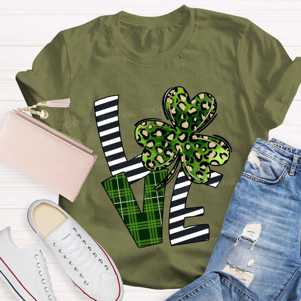 Love Leopard Clover And Striped Fonts Teacher T-shirt