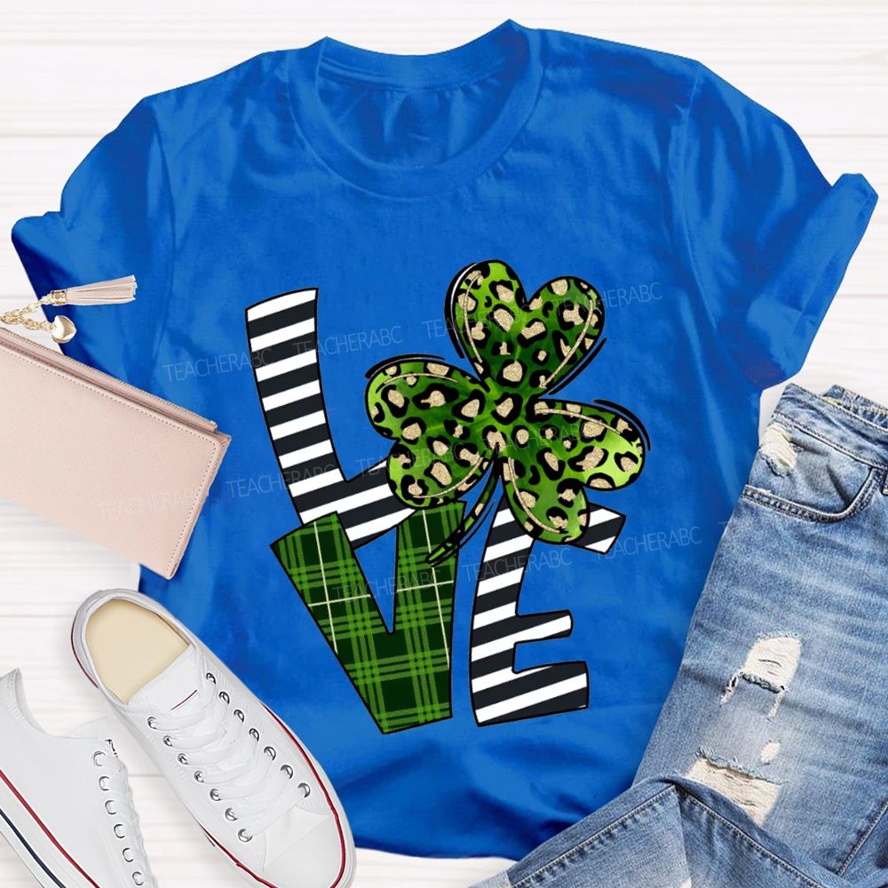 Love Leopard Clover And Striped Fonts Teacher T-shirt