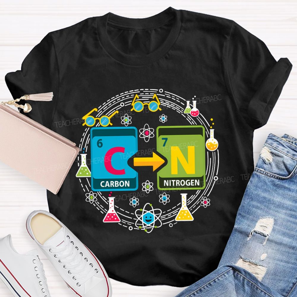 Carbon Nitrogen Science Teacher Glasses And Laboratory Flasks Teacher T-shirt