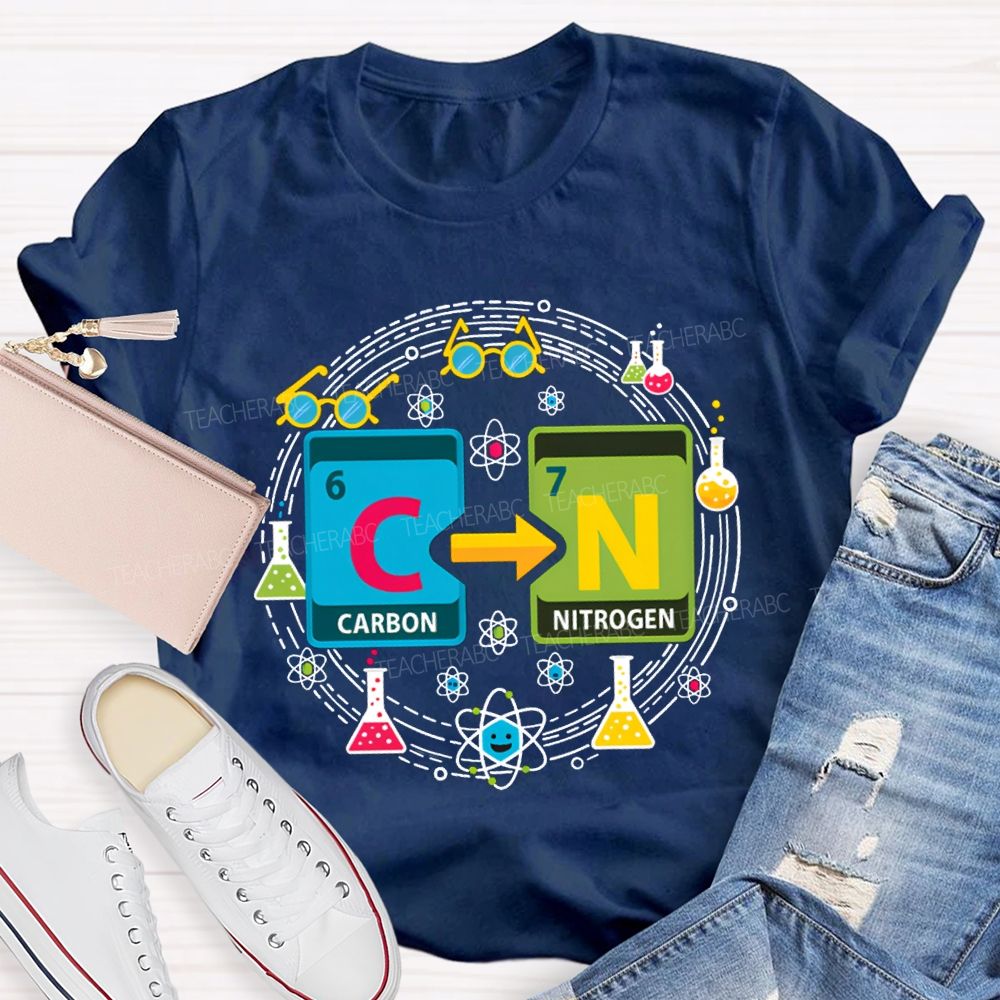 Carbon Nitrogen Science Teacher Glasses And Laboratory Flasks Teacher T-shirt