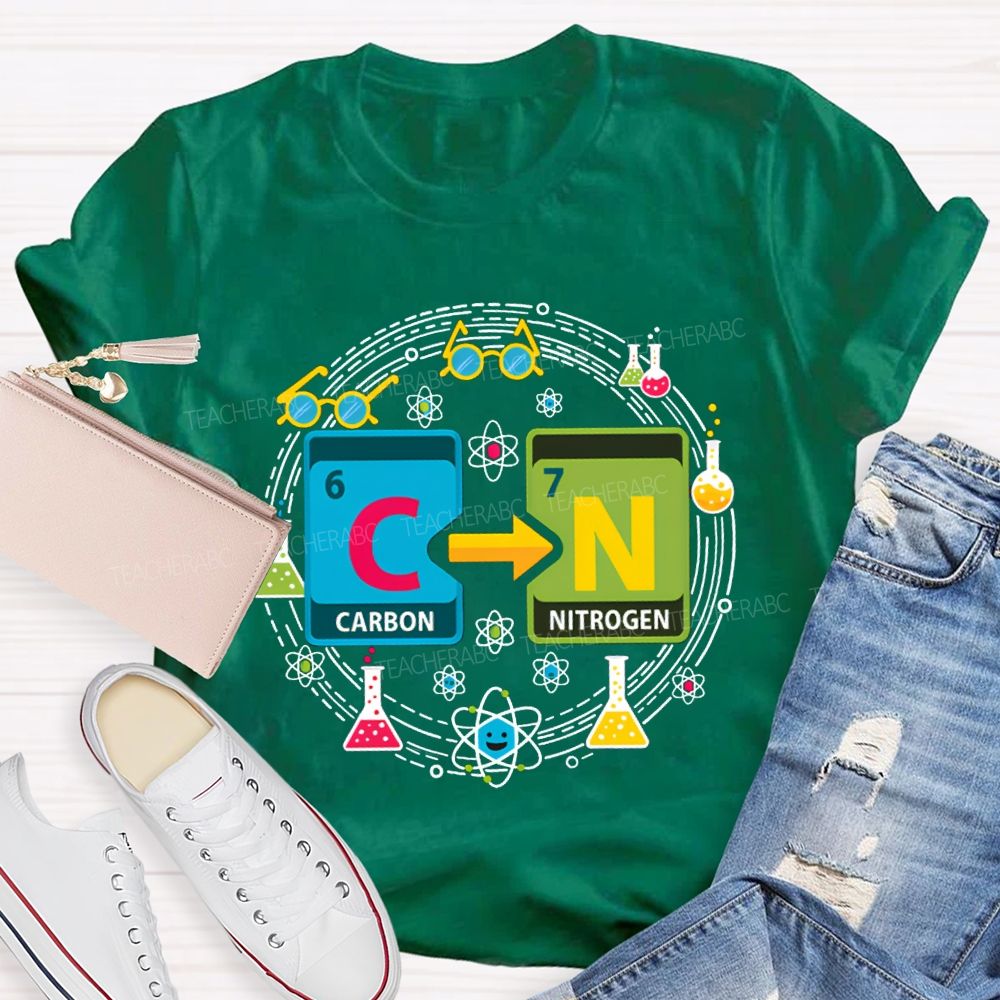 Carbon Nitrogen Science Teacher Glasses And Laboratory Flasks Teacher T-shirt