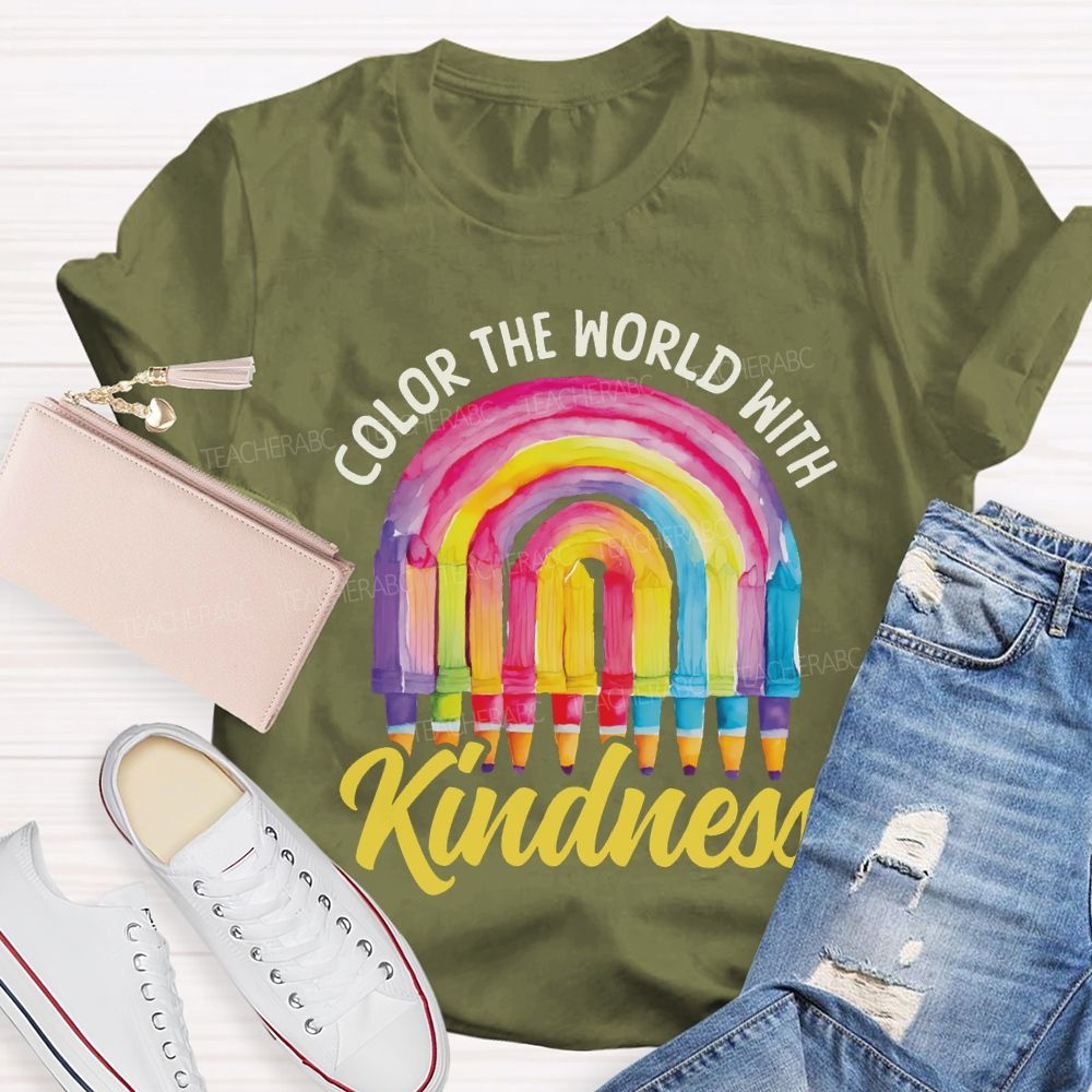 Color The World With Kindness Crayon Rainbow Art Teacher T-shirt
