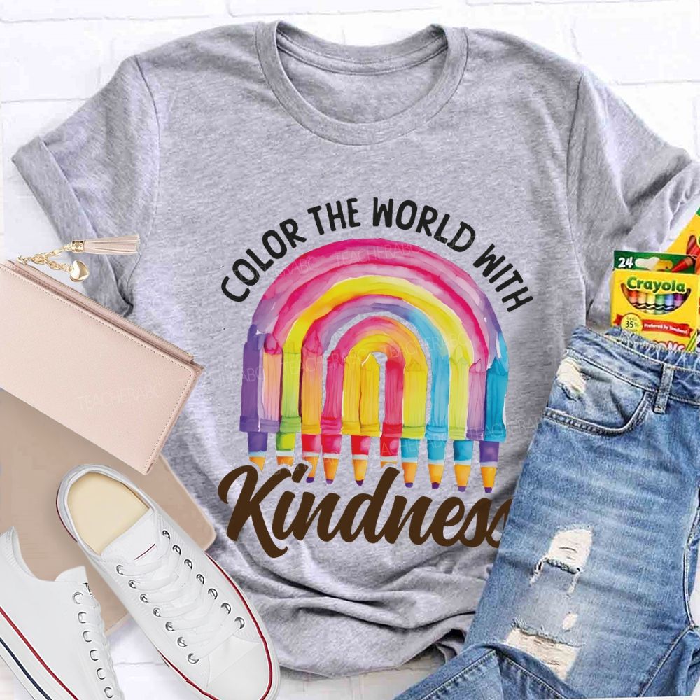 Color The World With Kindness Crayon Rainbow Art Teacher T-shirt