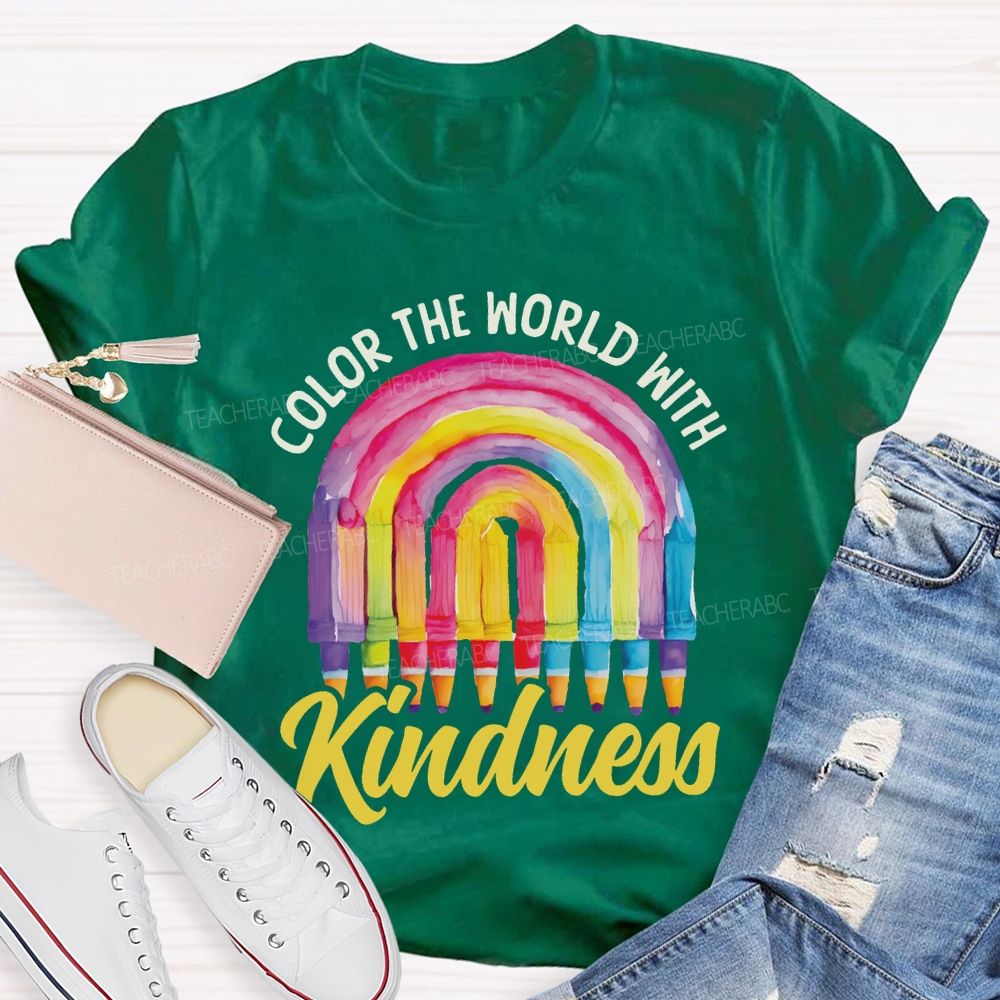Color The World With Kindness Crayon Rainbow Art Teacher T-shirt